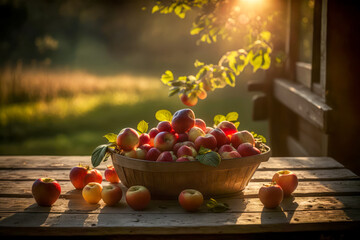 Poster - Basket full of apples sits on wooden table in front of the sun. Generative AI.