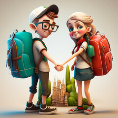 Sticker - Cartoon couple with backpacks are holding hands and standing in front of castle. Generative AI.