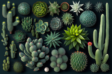 Sticker - Set of cactus and succulent plants on dark background. Generative AI.