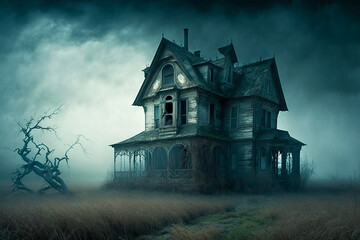 Canvas Print - Creepy old house in the middle of foggy field. Generative AI.