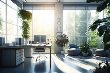 Sticker - An office with lots of plants and windows. Generative AI.