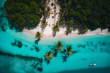 Maldives Island Beach. Tropical Landscape Of Summer Scenery, White Sand With Palm Trees. Neural Network AI Generated Art