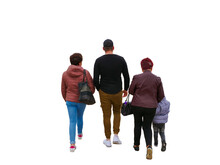Famille De Quatre Personnes Dont Un Enfant Vue De Dos Et Se Promenant En Tenue De Printemps, Sur Fond Blanc