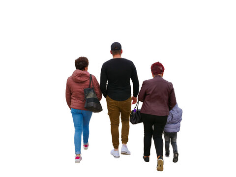 famille de quatre personnes dont un enfant vue de dos et se promenant en tenue de printemps, sur fon