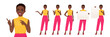 Young African American woman bright colors clothes in different poses set. Various gestures - pointing, showing, holding empty blank board isolated vector illustration