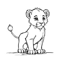 Cartoon Image Of A Lion Cub On A White Background For Coloring. Vector Illustration