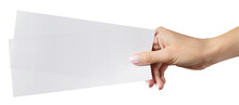 Female Hand Holding Two Blank Sheets Of Paper (tickets, Flyers, Invitations, Coupons, Banknotes, Etc.), Cut Out