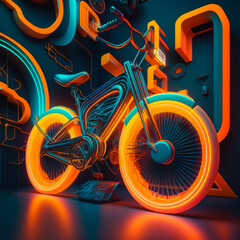 Poster - bicycle with neon lights. Generative AI.