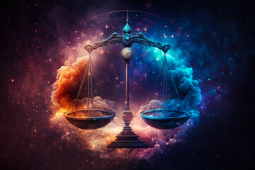 Poster - The scales of justice are shown in space. Generative AI.