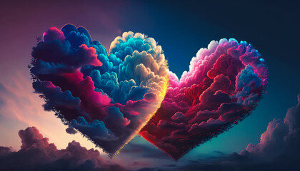 Sticker - Two hearts with colorful clouds in the sky. Generative AI.