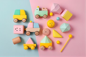 Baby wooden toys for preschool child's play in pastel colors, flat styling, delicate blue pink colored developmental items. Generative AI