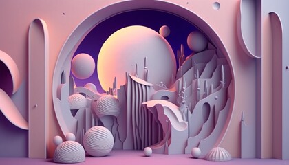 abstract 3d shapes, surrealistic wall design in pastel colors, generative ai