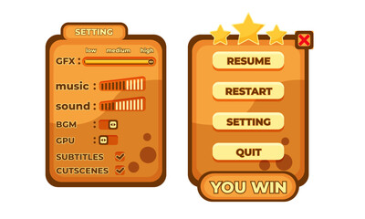 Complete set of level button game pop-up, icon, window and elements for creating medieval RPG video games