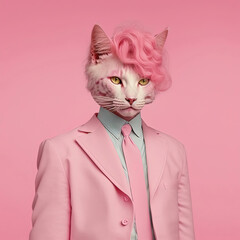 Wall Mural - Fashion cat with pink haircut in shirt. Pink monochrome portrait. AI