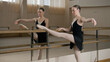 © Framestock - Tired ballerina in training bodysuit stands near ballet barre in dance studio during preparing for future performance. Female ballet dancer starts stretching workout. School of classical ballet dance.