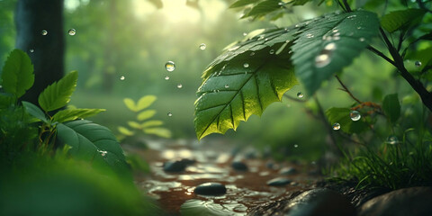 Rain falls in the forest. Shot from below on trees and leaves. Raindrops run down the plants. Horizontal illustration. Sunny day, warm light. Seasonal background mood. Spring or summer. Generative AI.