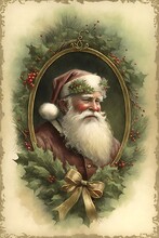 Vintage Christmas Greeting Card Of Santa In A Golden Frame With Foliage Generative Ai 