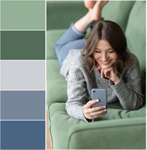 Design Palette Inspired By Beautiful Young Woman In Grey Sweater And Jeans On Green Sofa . Designer Pack With Photo And Swatches. Harmonious Warm Colour Combination: Blue, Green