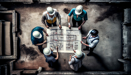 Wall Mural - Top view of group of engineering team is meeting and planning construction work,Architects looking blueprint at construction site, overhead view,Concept for team work