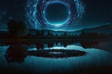 Poster - Fantasy night mountain landscape, blue moonlight neon light, circle on the water, magic. AI