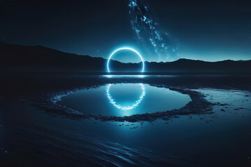 Sticker - Fantasy night mountain landscape, blue moonlight neon light, circle on the water, magic. AI