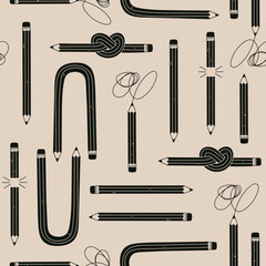 Black Pencils in various conditions. Straight, bended, knotted, broken and short pencil. Back to school, teacher's day concept. Hand drawn Vector illustration. Square seamless Pattern