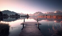 Old Wooden Pier By The Lake, Morning At The Lake. Generative AI.