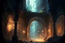 Expansive Subterranean Victorian Era City In Cavernous Space Street Lights And Activity Hollow Earth Fantasy Epic Scale Impressionist Style Concept Art 