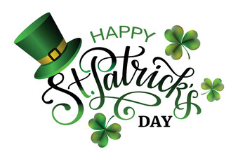 happy saint patricks day festive banner with lettering, clover leaves and green hat.