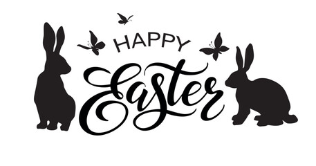 Wall Mural - Happy Easter black lettering phrase with silhouette of rabbits and butterflies.