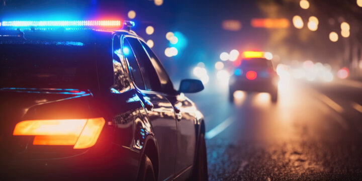 night-time police patrol car with emergency flashing red and blue lights. night crime scene investig