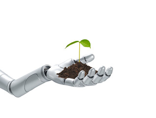 Robot hand holding sprout isolated on transparent background, concept of applying artificial intelligence technology in cultivation and nature conservation, 3d render