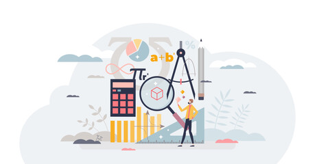 Wall Mural - Mathematics as algebra, geometry and physics study tiny person concept, transparent background. Numbers and equations knowledge with university education learning illustration.