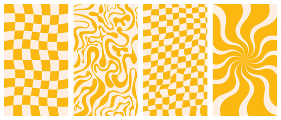 Wall Mural - groovy hippie 70s vector backgrounds set. chessboard and twisted patterns. backgrounds in trendy ret