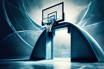 Poster - Basketball arena render in blue toning. Generative Ai