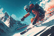 Skier skiing downhill in high mountains in winter, illustration generative ai