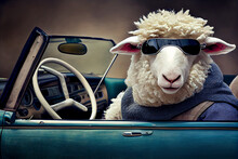 Portrait Of A Stylish Driver Sheep Driving A Car. AI Generated