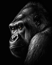 Generated Black And White Portrait Of A Gorilla In Profile Against A Black Background With Yellow Eyes	
