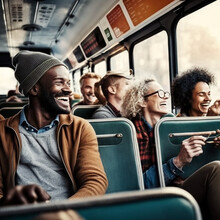 Group Of Multi Cultural Multi Ethnic , Multi-racial Friends On Busy New York City Bus , Ai Generated , Social Justice, Advocacy