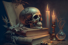 Human Skull On The Books And Candles Around. Eerie Nocturnal Still Life. Generative AI.