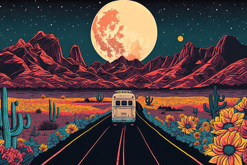 highway road horizon moon vintage adventure