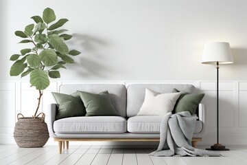 Wall Mural - Living Room Interior with a Gray Sofa, Wooden Coffee Table, and Personal Accessories in Warm Tones. Generative AI