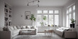 © Interior Stock Photo - Stylish scandinavian living room with design mint sofa, furnitures, mock up poster map, plants and elegant personal accessories. Modern home decor. Bright and sunny room. Generative AI illustration.
