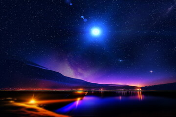 Wall Mural - night sky on sea big moon on horizon mountains mediterranean sunset blurred city light