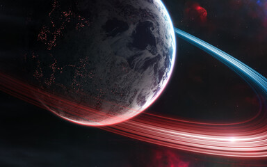 Wall Mural - inhabited deep space planet in blue and red starlight. science fiction. elements of this image furni