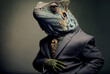 © Dyeru - Vertical shot of chameleon in suit, spirit animal Generative AI