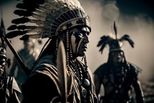 Ancient Native American Chief At War With Foggy Background Generative AI