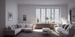© Interior Stock Photo - Stylish scandinavian living room with design mint sofa, furnitures, mock up poster map, plants and elegant personal accessories. Modern home decor. Bright and sunny room. Generative AI illustration.