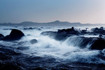 Wall Mural - Beautiful ocean with big stones, angry waters at beach  Generative AI