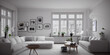 © Interior Stock Photo - Stylish scandinavian living room with design mint sofa, furnitures, mock up poster map, plants and elegant personal accessories. Modern home decor. Bright and sunny room. Generative AI illustration.